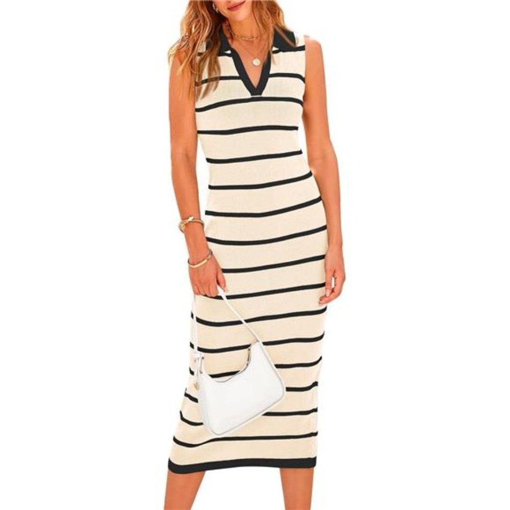 Women's Collar Sleeveless Midi Dress Causal Stripes Ribbed Knit Bodycon Dress